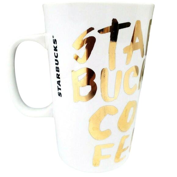 Starbucks 2015 White Gold Graffiti Lettering Ceramic Coffee Cup Mug 16 oz Large - Picture 1 of 7
